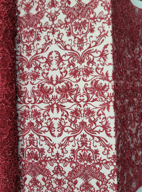 Beaded Lace Burgundy Floral Mesh Fabric