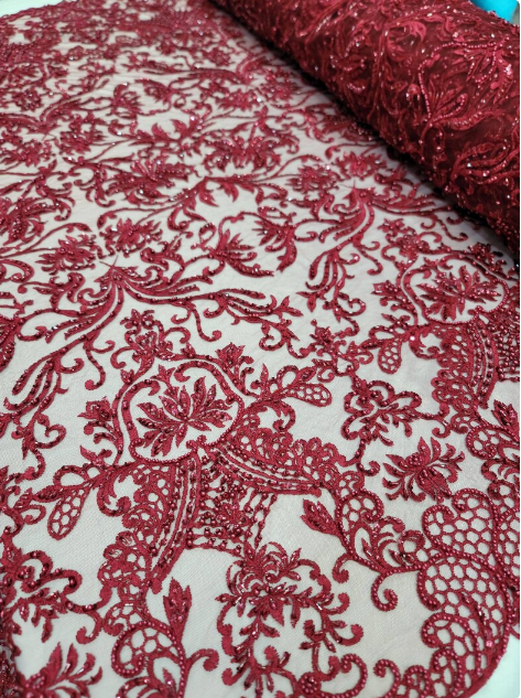 Beaded Lace Burgundy Floral Mesh Fabric
