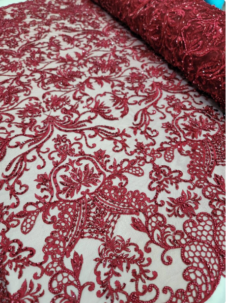 Beaded Lace Burgundy Floral Mesh Fabric