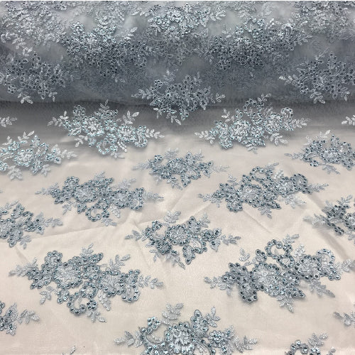 Baby Blue Sequin Lace Fabric - Embroideries On Mesh, 54" Width