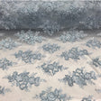 Baby Blue Sequin Lace Fabric - Embroideries On Mesh, 54" Width