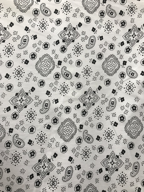 Paisley Bandanna White Poly Cotton Fabric - White Paisley Bandanna, 59/60" Width (1 Yard)