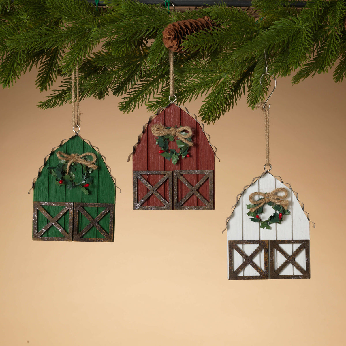 6" Wood & Metal Holiday Barn Ornaments