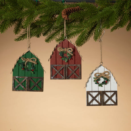 6" Wood & Metal Holiday Barn Ornaments