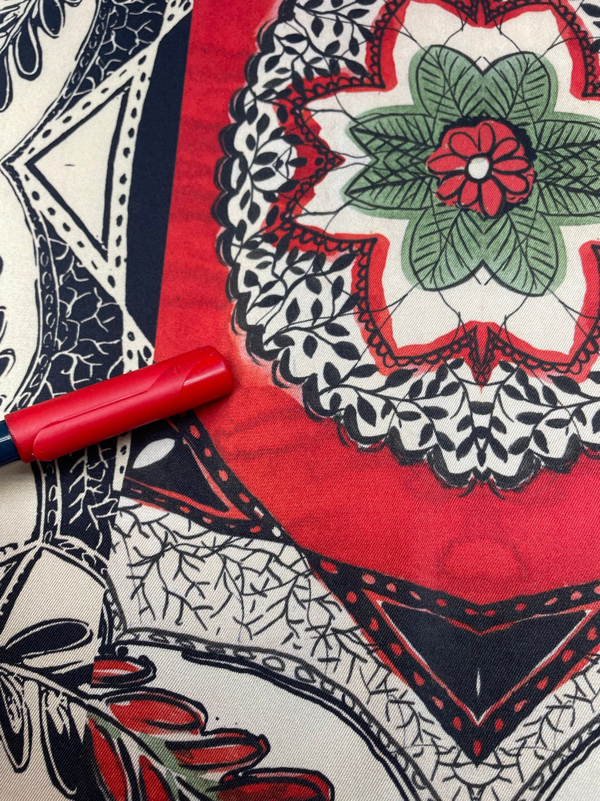 Polyester Sateen Floral Print Red Beige