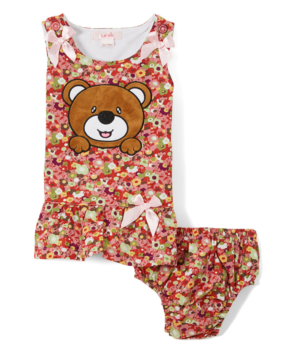 Bear Flower Cotton Baby Dress - Rose, Peony, Daisy, Floral Print (6M/9M, 12M, 18M, 24M)