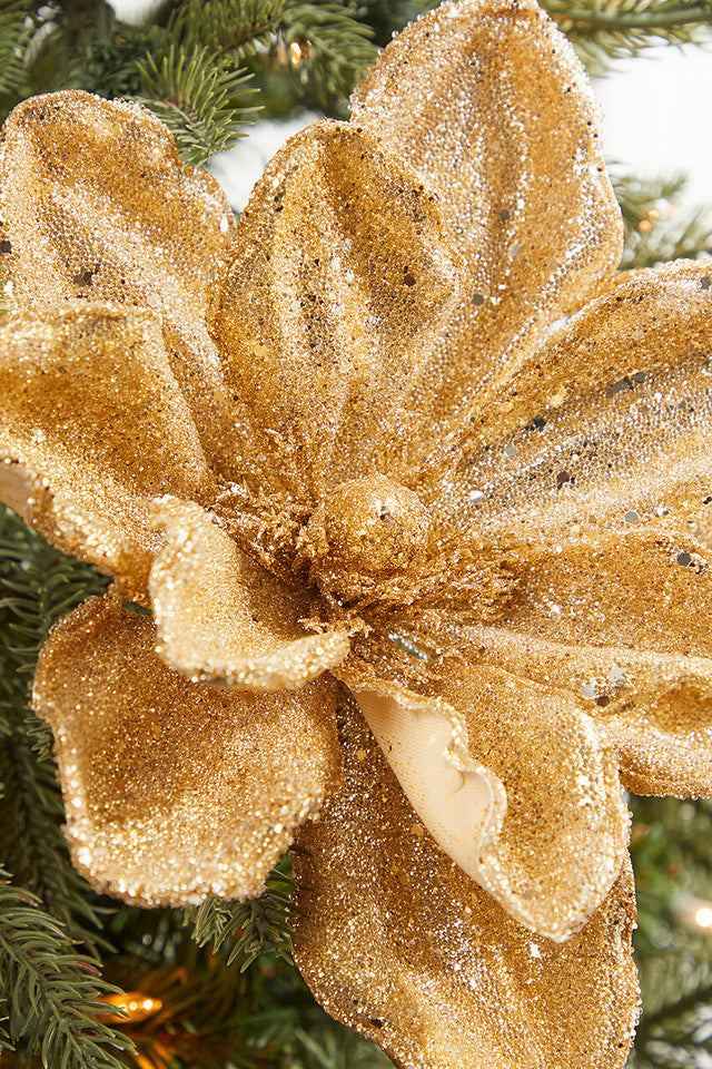 24” x 10” Gold Micro Beaded Sequins Magnolia Stem Christmas Floral Pick