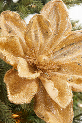 24” x 10” Gold Micro Beaded Sequins Magnolia Stem Christmas Floral Pick