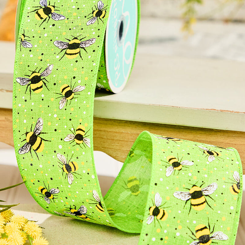 2.5"x 10 Yards Green Ribbon with Bees and Speckles Whimsical Garden Craft Ribbon