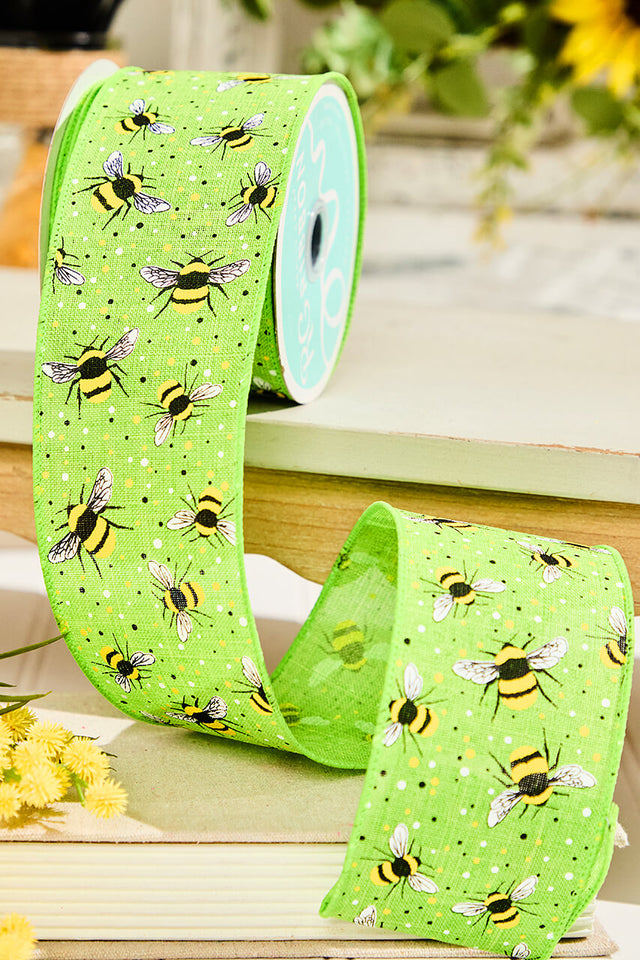 2.5" x 10 Yard Green Ribbon with Bees And Speckles