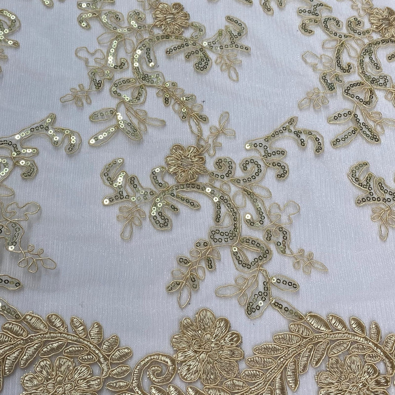 Elena's Lace Beige Polyester Lace Fabric - Beige Corded Mesh Embroidered With Sequins, Double Scalloped Edge, 54" Width (1 Yard)