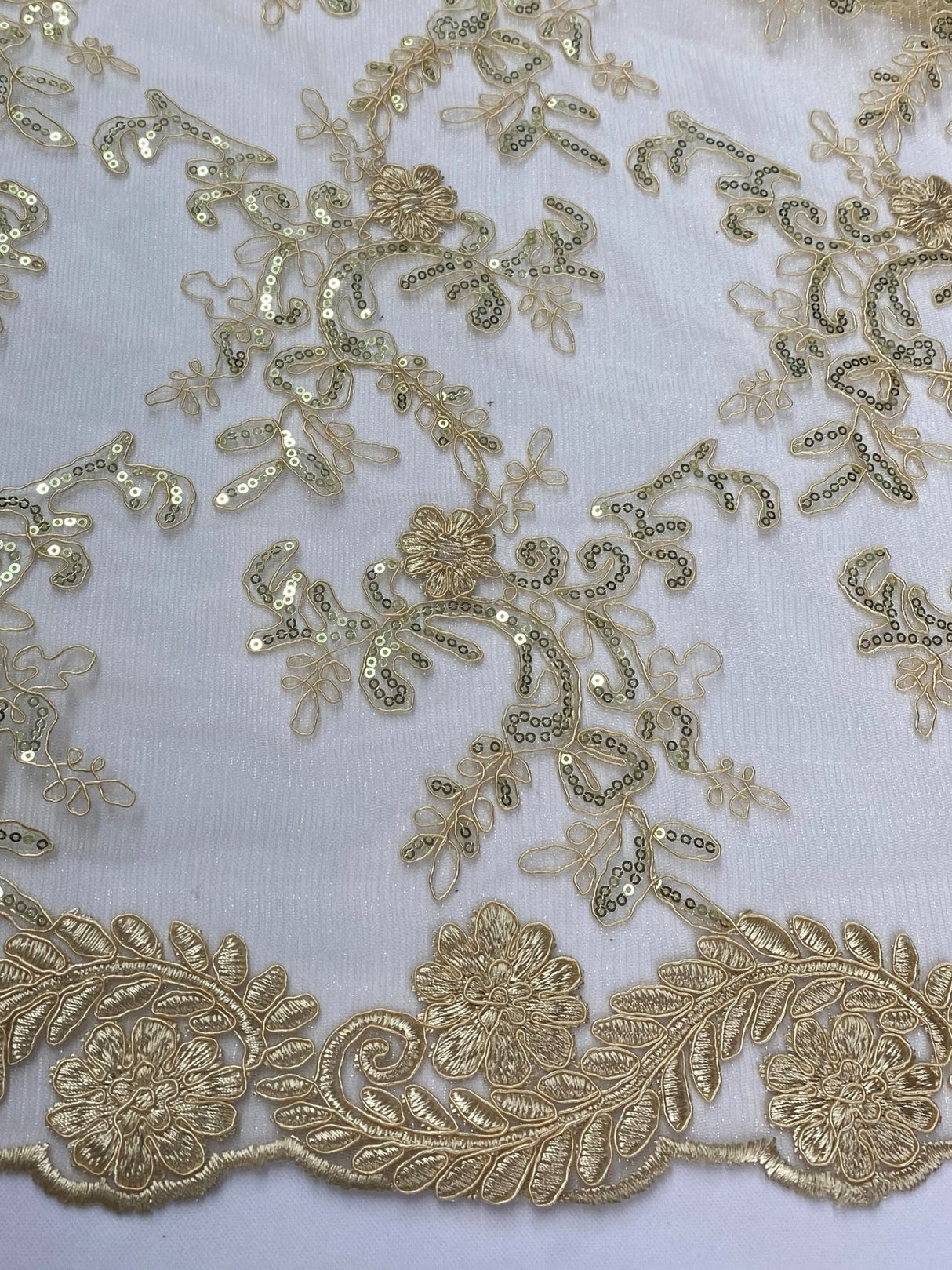Elena's Lace Beige Polyester Lace Fabric - Beige Corded Mesh Embroidered With Sequins, Double Scalloped Edge, 54" Width (1 Yard)