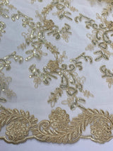 Elena's Lace Beige Polyester Lace Fabric - Beige Corded Mesh Embroidered With Sequins, Double Scalloped Edge, 54" Width (1 Yard)