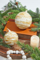 Beige White Knit Ball Ornaments Set of 2