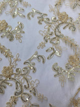 Elena's Lace Beige Polyester Lace Fabric - Beige Corded Mesh Embroidered With Sequins, Double Scalloped Edge, 54" Width (1 Yard)
