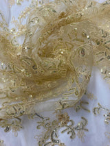 Elena's Lace Beige Polyester Lace Fabric - Beige Corded Mesh Embroidered With Sequins, Double Scalloped Edge, 54" Width (1 Yard)