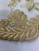 Elena's Lace Beige Polyester Lace Fabric - Beige Corded Mesh Embroidered With Sequins, Double Scalloped Edge, 54" Width (1 Yard)