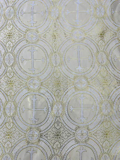 Rectangular Metallic Cross Brocade Jacquard Satin Tablecloth Overlay Fabric - Beige/Gold Metallic Cross Pattern, 60" Width (60" x 72")