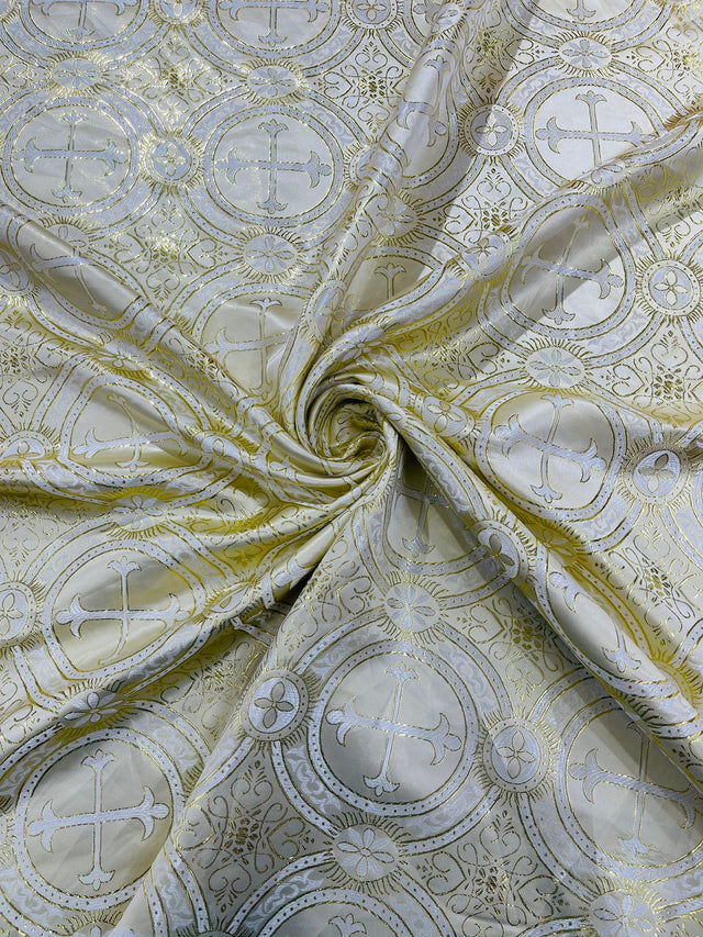 Rectangular Metallic Cross Brocade Jacquard Satin Tablecloth Overlay Fabric - Beige/Gold Metallic Cross Pattern, 60" Width (60" x 72")