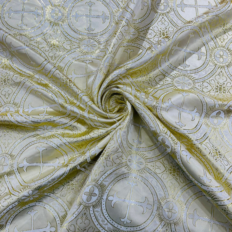 Square Metallic Cross Jacquard Satin Fabric - Beige/Gold Metallic Cross Pattern, Square Table Overlay (36" Inches x 36" Inches)