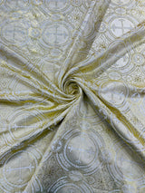 Square Metallic Cross Jacquard Satin Fabric - Beige/Gold Metallic Cross Pattern, Square Table Overlay (36" Inches x 36" Inches)