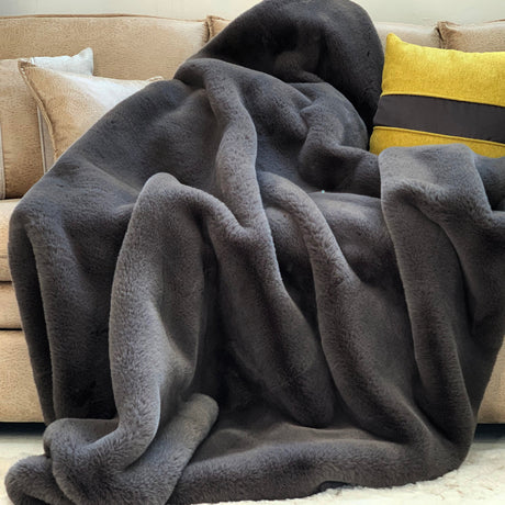 Bella Luxury Faux Fur Throw Blanket Collection Polyester Fabric - Faux Chinchilla Rabbit Fur, Crystal Velvet Backing, 60" X 80", Sandy Beige, Slate Silver, Raven Charcoal, Espresso Mocha (1 Throw Blanket)
