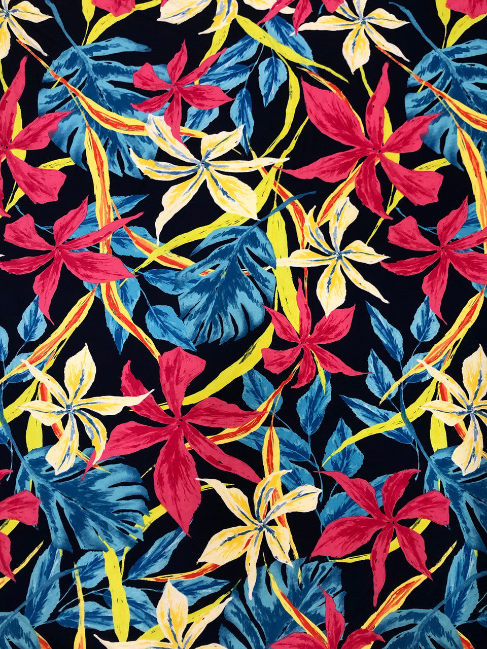 Dark Navy Background Big Flowers Polyester Spandex Fabric - Floral Print, 58" To 60" Width