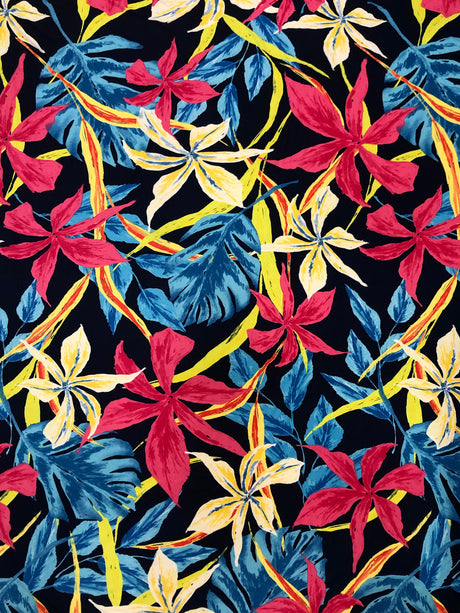 Dark Navy Background Big Flowers Polyester Spandex Fabric - Floral Print, 58" To 60" Width