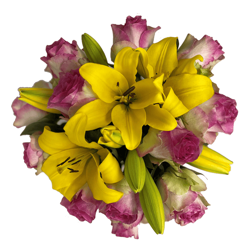 Bicolor Pink & Yellow Rose Lily Bouquet Fresh Flower Arrangement