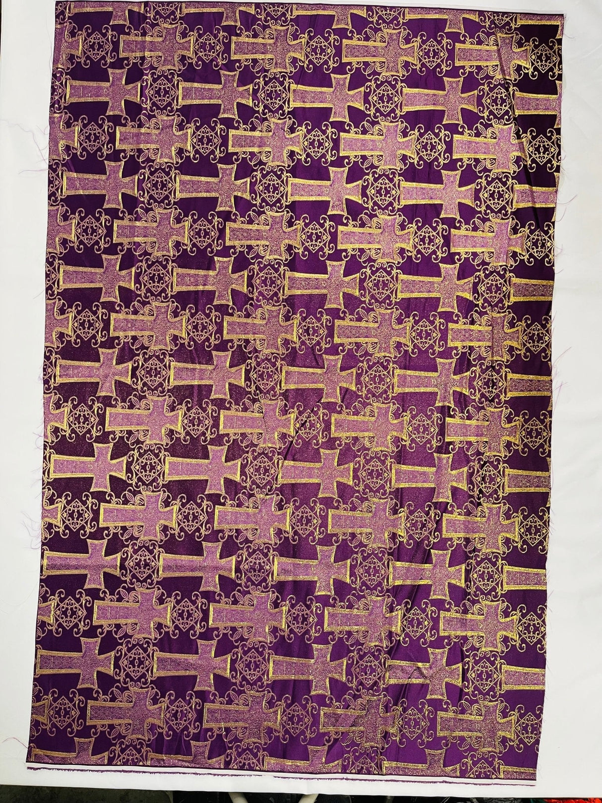 Big Cross Jacquard Satin Fabric - Beige/Gold, Green/Gold, Purple/Gold, Red/Gold, Turquoise/Gold, White/Silver, Royal/Gold, 58" Width (1 Yard)