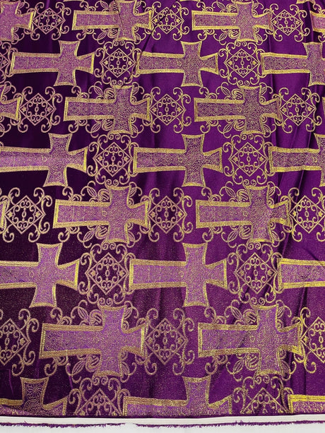Big Cross Jacquard Satin Fabric - Beige/Gold, Green/Gold, Purple/Gold, Red/Gold, Turquoise/Gold, White/Silver, Royal/Gold, 58" Width (1 Yard)