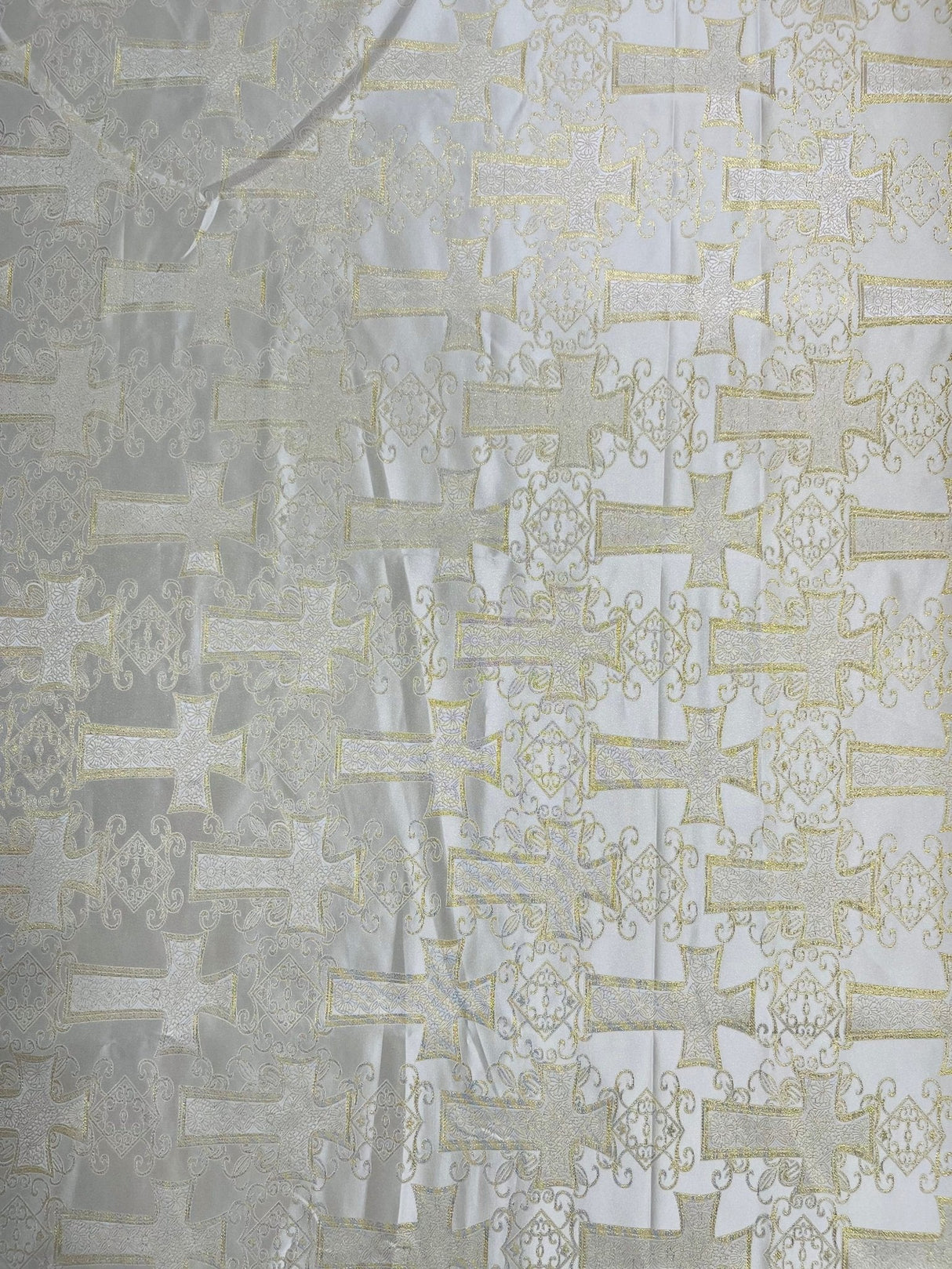 Big Cross Jacquard Satin Fabric - Beige/Gold, Green/Gold, Purple/Gold, Red/Gold, Turquoise/Gold, White/Silver, Royal/Gold, 58" Width (1 Yard)