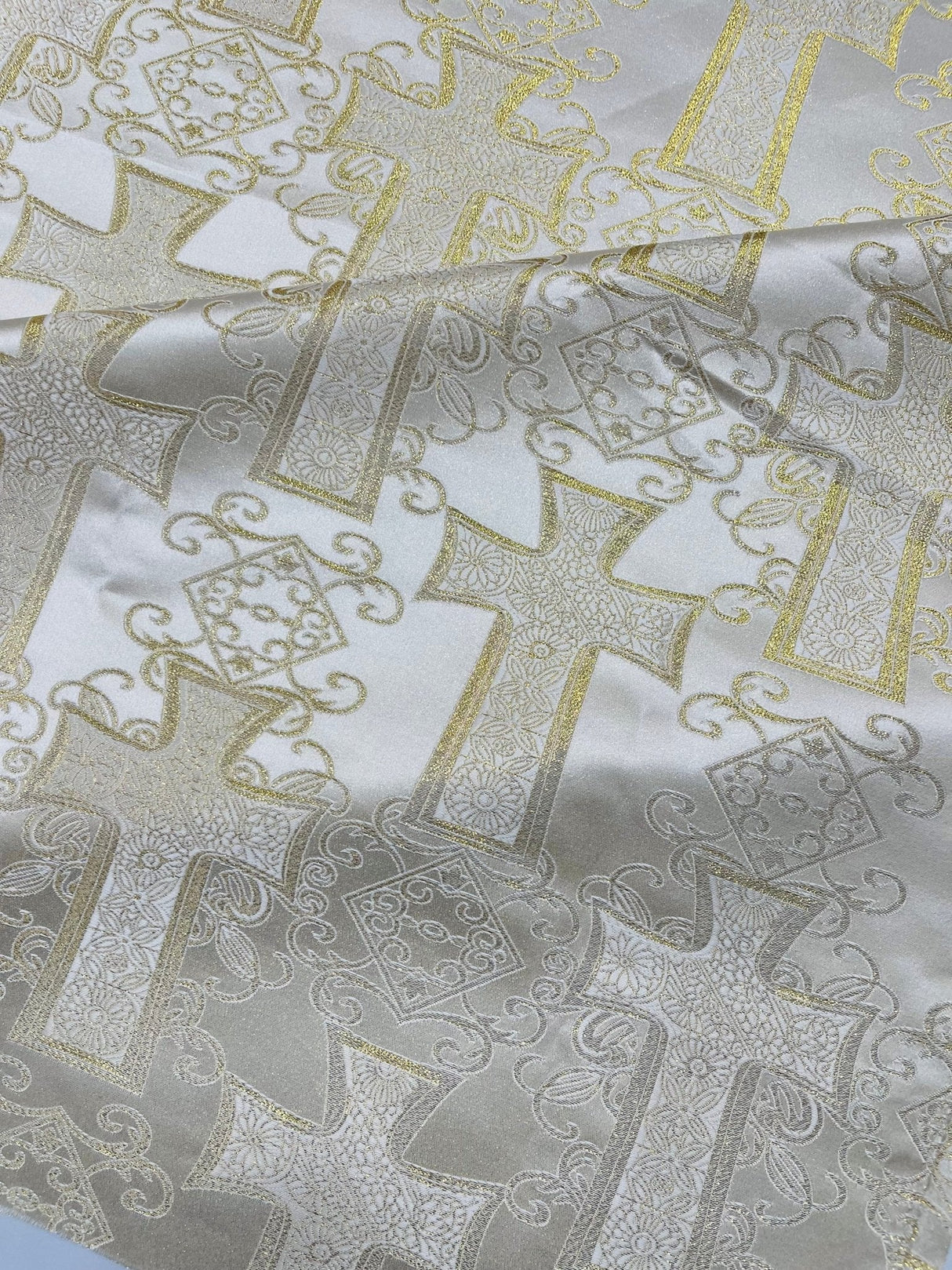 Big Cross Jacquard Satin Fabric - Beige/Gold, Green/Gold, Purple/Gold, Red/Gold, Turquoise/Gold, White/Silver, Royal/Gold, 58" Width (1 Yard)