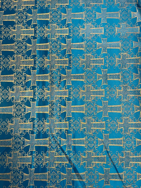 Big Cross Jacquard Satin Fabric - Beige/Gold, Green/Gold, Purple/Gold, Red/Gold, Turquoise/Gold, White/Silver, Royal/Gold, 58" Width (1 Yard)