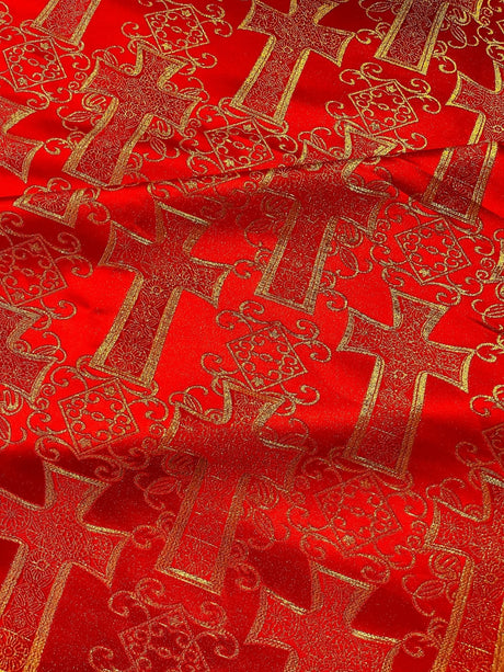 Big Cross Jacquard Satin Fabric - Beige/Gold, Green/Gold, Purple/Gold, Red/Gold, Turquoise/Gold, White/Silver, Royal/Gold, 58" Width (1 Yard)