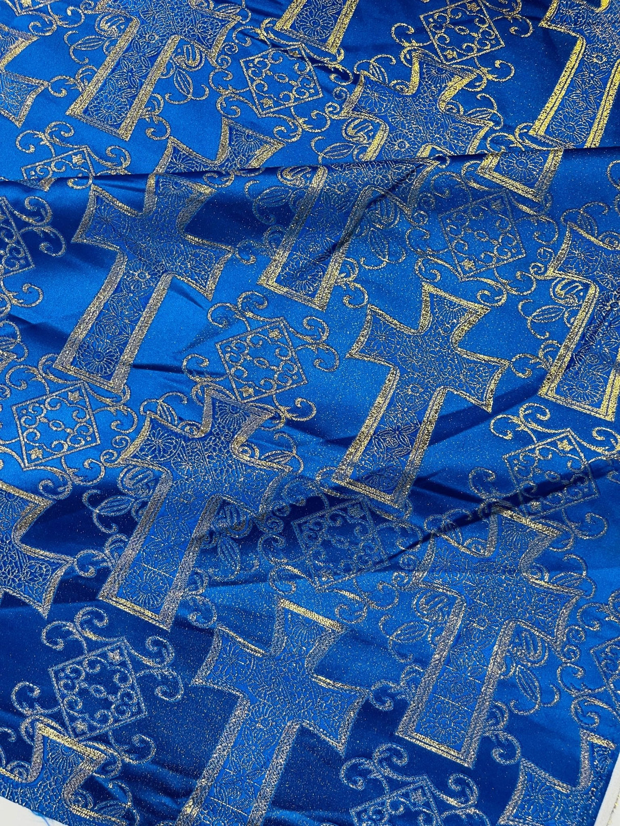 Big Cross Jacquard Satin Fabric - Beige/Gold, Green/Gold, Purple/Gold, Red/Gold, Turquoise/Gold, White/Silver, Royal/Gold, 58" Width (1 Yard)