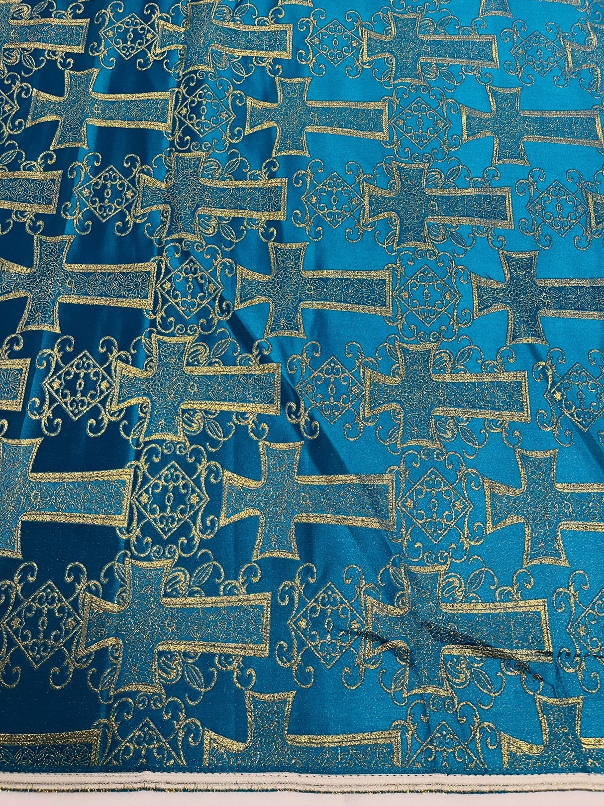 Big Cross Jacquard Satin Fabric - Beige/Gold, Green/Gold, Purple/Gold, Red/Gold, Turquoise/Gold, White/Silver, Royal/Gold, 58" Width (1 Yard)