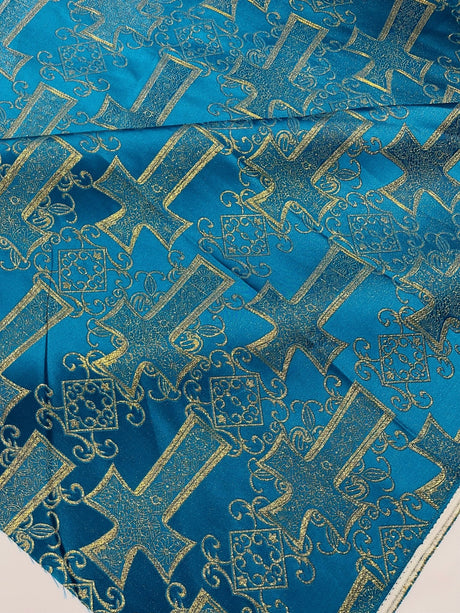 Big Cross Jacquard Satin Fabric - Beige/Gold, Green/Gold, Purple/Gold, Red/Gold, Turquoise/Gold, White/Silver, Royal/Gold, 58" Width (1 Yard)