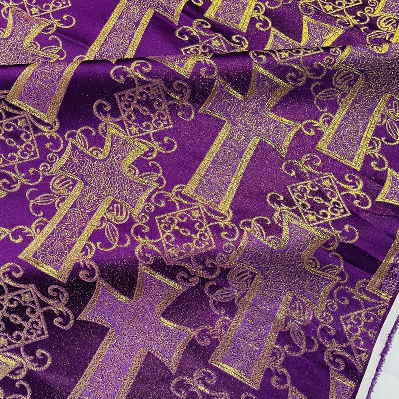 Big Cross Jacquard Satin Fabric - Beige/Gold, Green/Gold, Purple/Gold, Red/Gold, Turquoise/Gold, White/Silver, Royal/Gold, 58" Width (1 Yard)