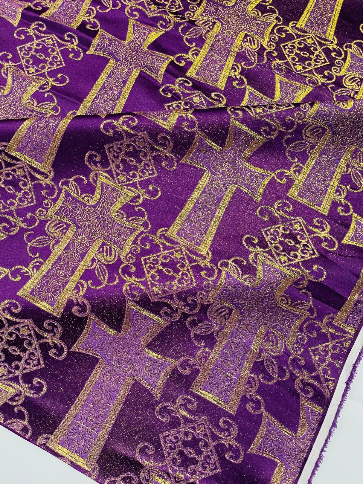 Big Cross Jacquard Satin Fabric - Beige/Gold, Green/Gold, Purple/Gold, Red/Gold, Turquoise/Gold, White/Silver, Royal/Gold, 58" Width (1 Yard)