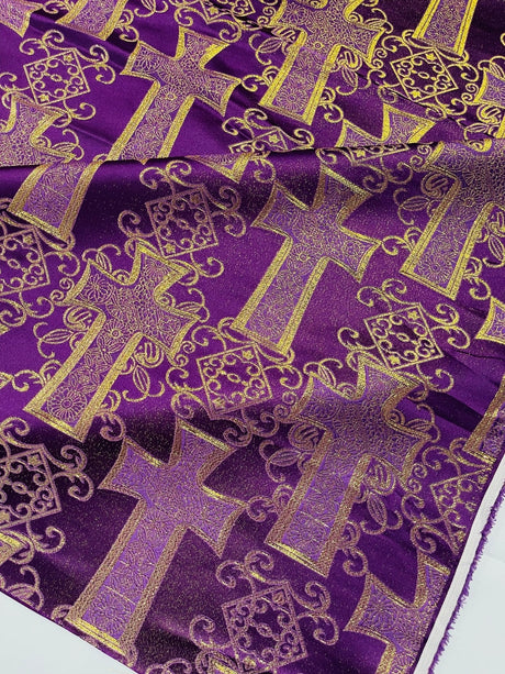 Big Cross Jacquard Satin Fabric - Beige/Gold, Green/Gold, Purple/Gold, Red/Gold, Turquoise/Gold, White/Silver, Royal/Gold, 58" Width (1 Yard)