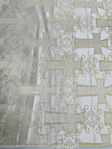 Big Cross Jacquard Satin Fabric - Beige/Gold, Green/Gold, Purple/Gold, Red/Gold, Turquoise/Gold, White/Silver, Royal/Gold, 58" Width (1 Yard)