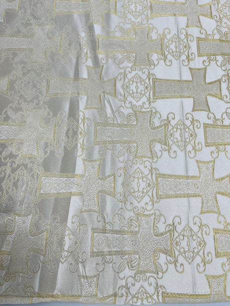 Big Cross Jacquard Satin Fabric - Beige/Gold, Green/Gold, Purple/Gold, Red/Gold, Turquoise/Gold, White/Silver, Royal/Gold, 58" Width (1 Yard)