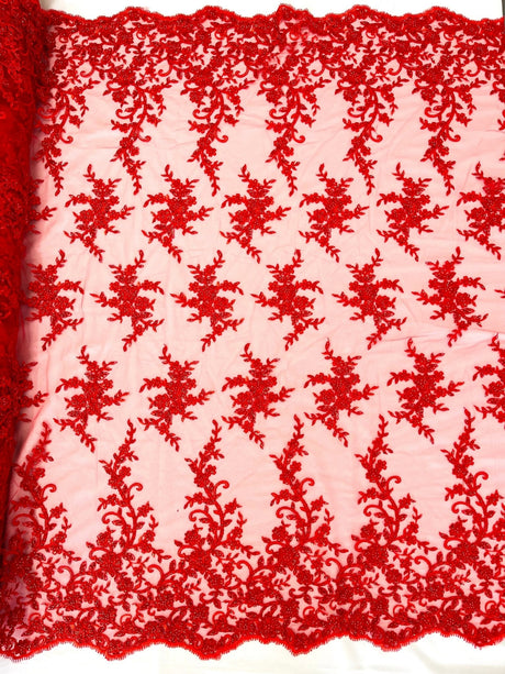 Big Floral Damask Beaded Lace Polyester Fabric - Floral Damask, 54" Width (1 Yard)