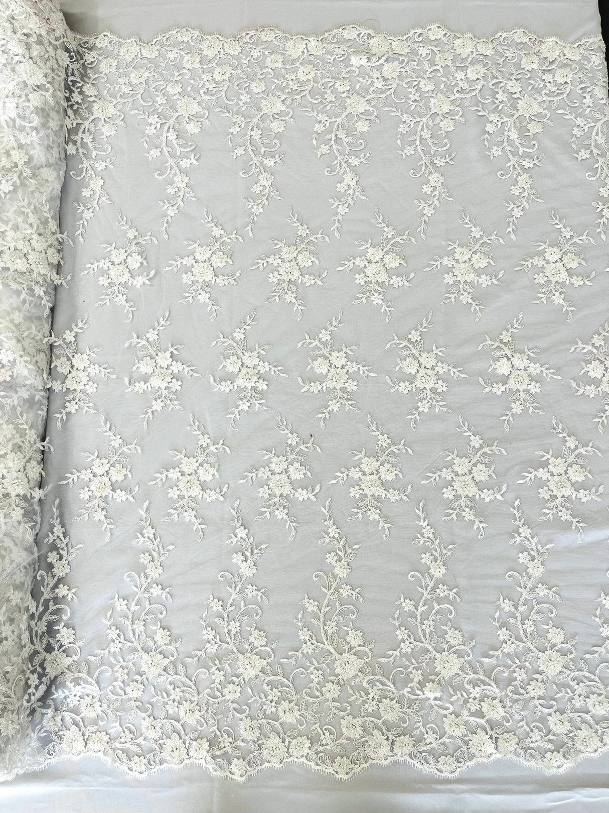 Big Floral Damask Beaded Lace Polyester Fabric - Floral Damask, 54" Width (1 Yard)