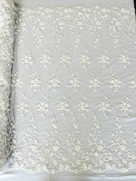 Big Floral Damask Beaded Lace Polyester Fabric - Floral Damask, 54" Width (1 Yard)