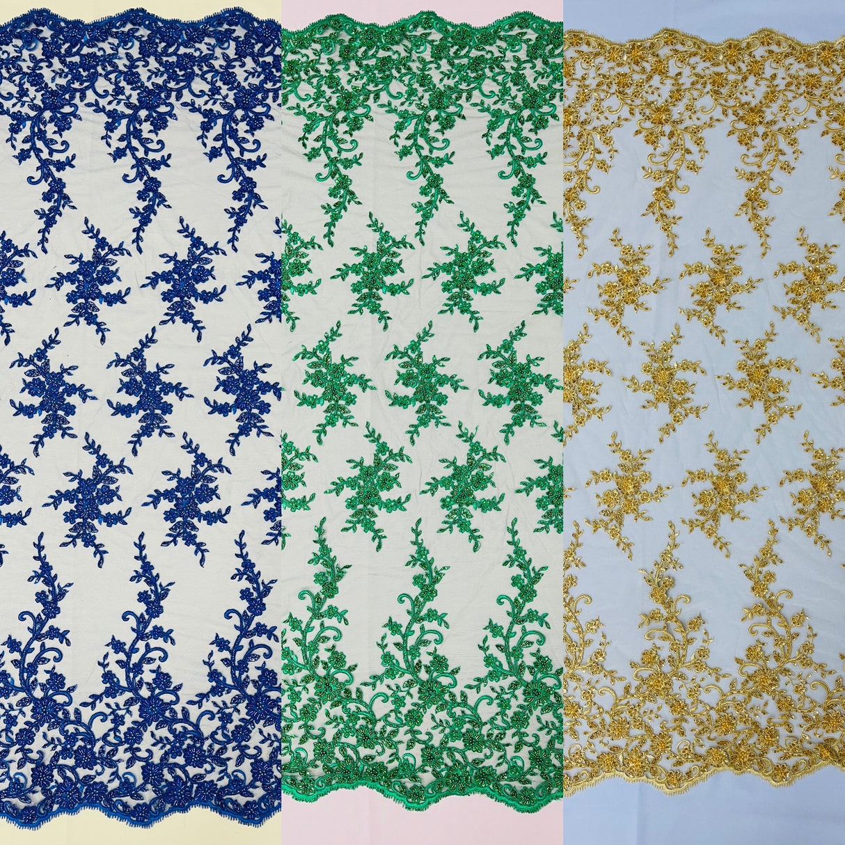Big Floral Damask Beaded Lace Polyester Fabric - Floral Damask, 54" Width (1 Yard)