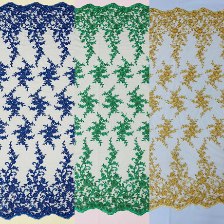 Big Floral Damask Beaded Lace Polyester Fabric - Floral Damask, 54" Width (1 Yard)