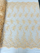 Big Floral Damask Beaded Lace Polyester Fabric - Floral Damask, 54" Width (1 Yard)