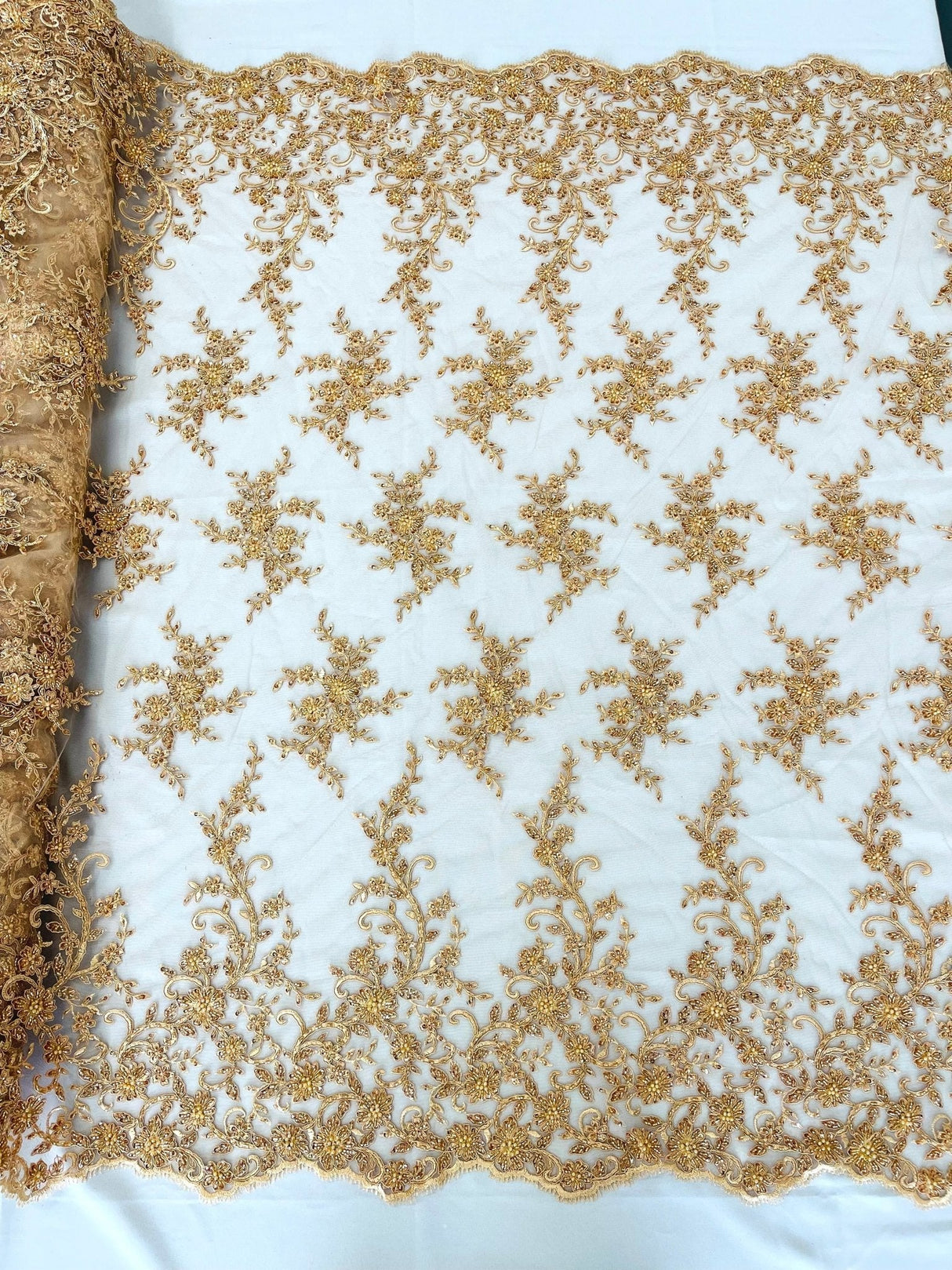 Big Floral Damask Beaded Lace Polyester Fabric - Floral Damask, 54" Width (1 Yard)